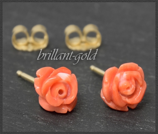 Ohrstecker rote Edel-Koralle Rosen Blume, 585 Gold